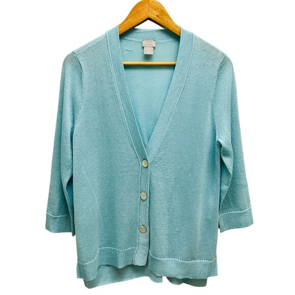 Chico’s 1 US M Blue Sparkly Cardigan 3/4 Sleeve V-Neck 3 Button Sweater - Picture 1 of 8